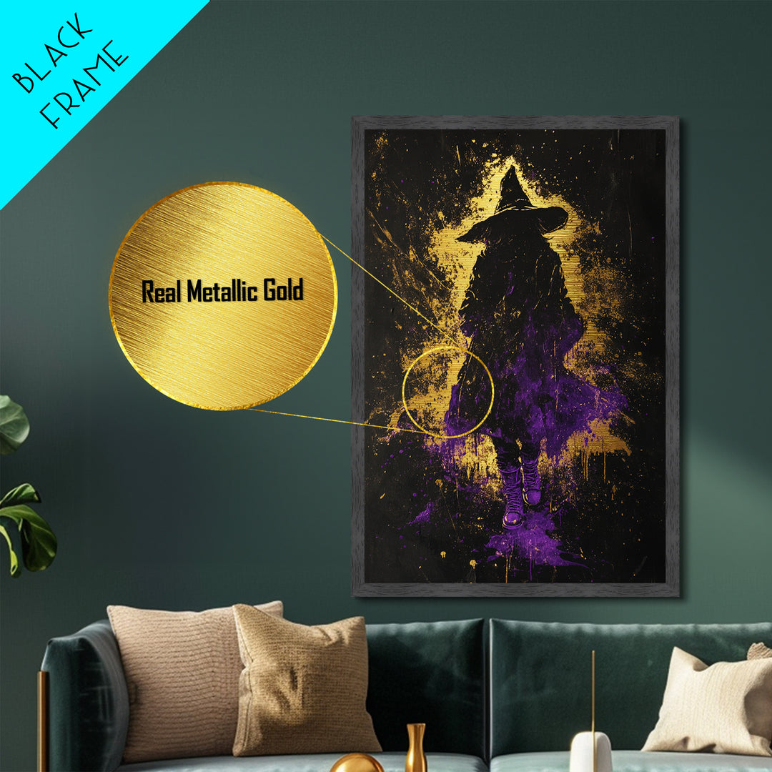 Witch Silhouette Metallic Gold Art Metal Art Spooky Season Gothic Halloween Horror Painting with rustic real wood frame