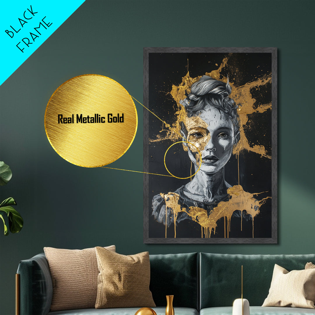 Broken Doll Portrait Metallic Gold Art Metal Art Creepy Gothic Halloween Wall Decor framed in authentic natural wood