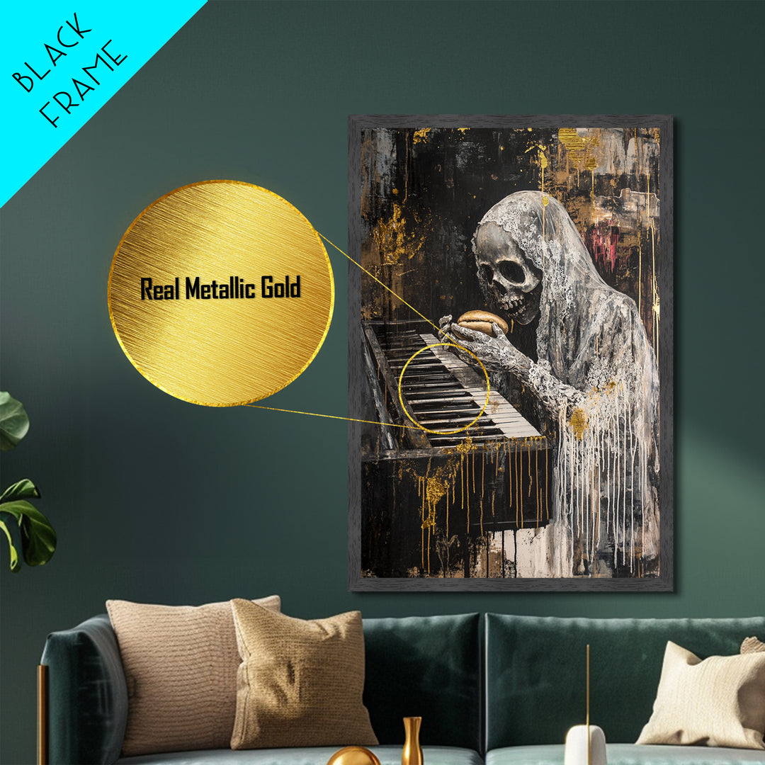 Skeleton at Piano Metallic Gold Art Metal Art Spooky Gothic Halloween Horror Wall Hanging in rustic real wood framing