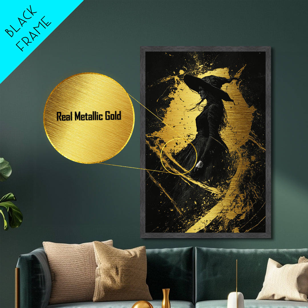 Haunted Witch Metallic Gold Art Metal Art Gothic Wall Decor With Real Wood Frame Spooky Halloween Witchy Home Accent