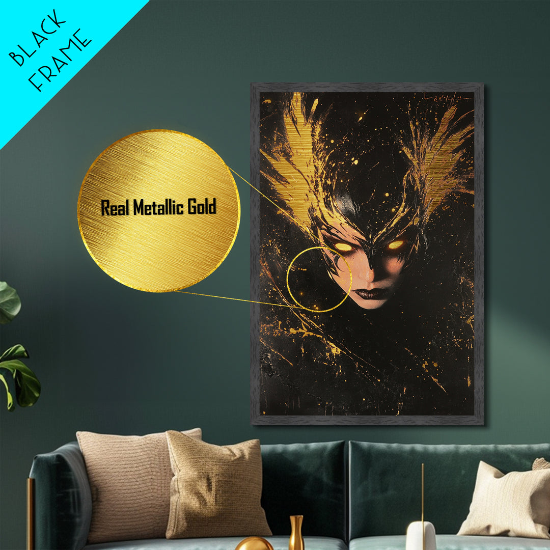 Dark Queen Metallic Gold Art Metal Art Horror Gothic Portrait With Handcrafted Wood Frame Spooky Halloween Wall Hanging