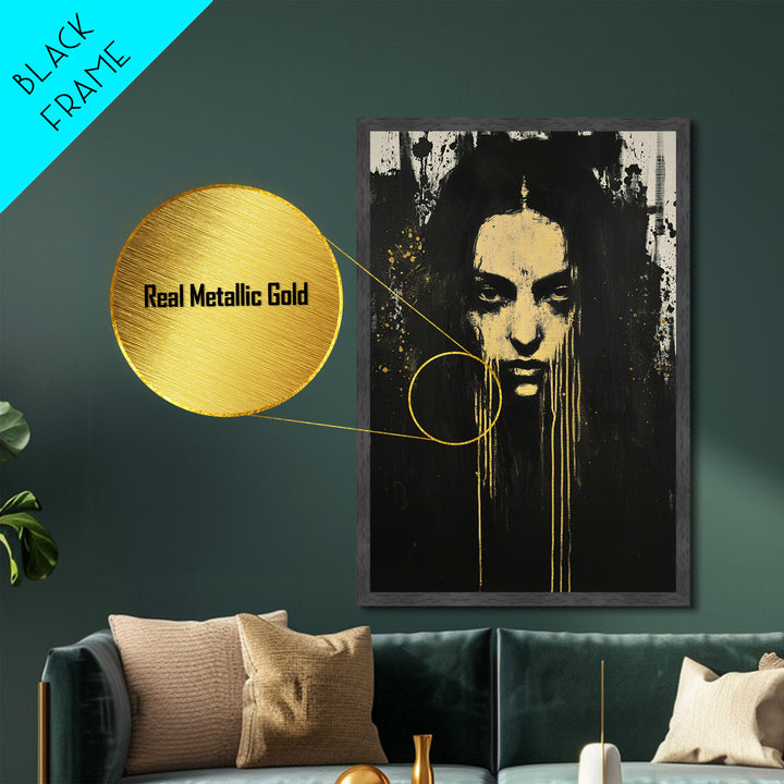 Gothic Horror Metallic Gold Art Metal Art Haunted Woman Portrait With Real Wood Framed Finish Spooky Halloween Wall Art