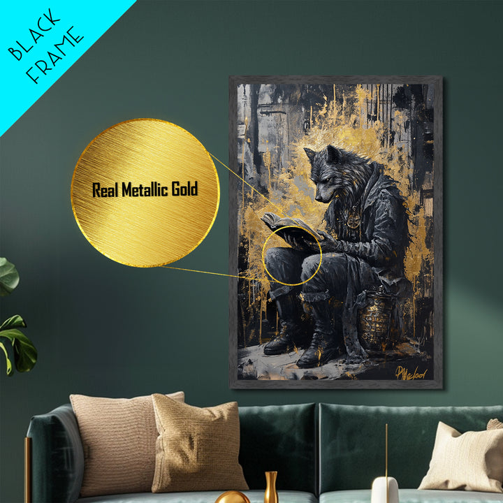 Haunted Wolf Scholar Reading Book | Spooky Halloween Gothic Metallic Gold Art | Framed Metal Art In Natural Real Wood