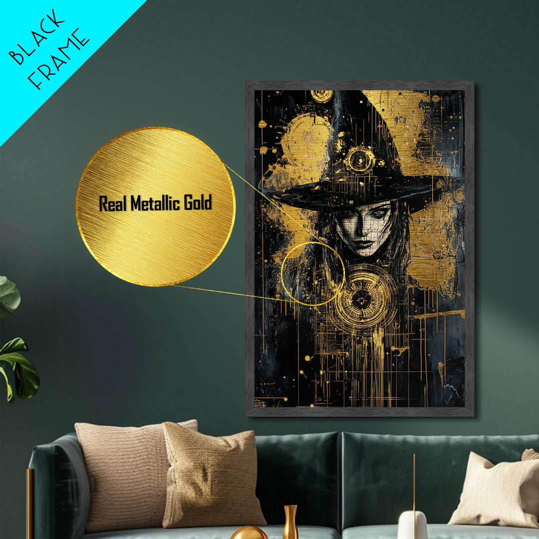 Witch In Gothic Hat With Symbols | Witchy Halloween Decor Metallic Gold Art | Intricate Metal Art Piece With Wood Frame