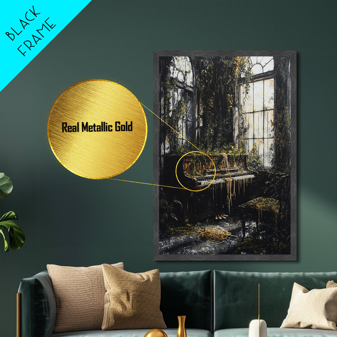 Haunted Abandoned Piano Room | Creepy Gothic Halloween Metallic Gold Art | Unique Metal Art Print With Framing In Wood