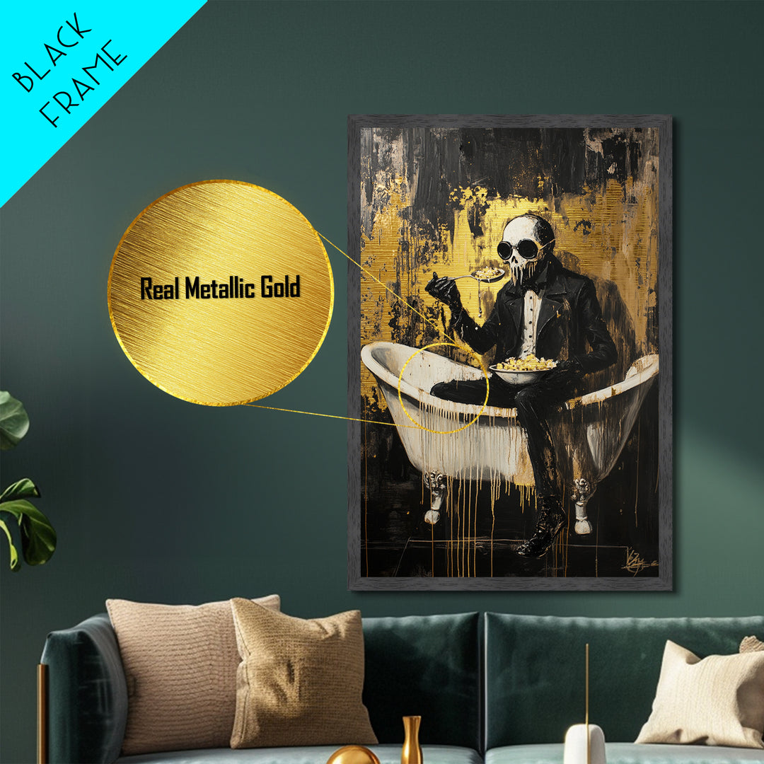 Skeleton Gentleman In Bathtub Eating | Dark Halloween Horror Metallic Gold Art | Macabre Metal Art Framed In Solid Wood