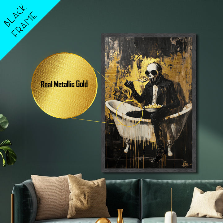 Skeleton Gentleman In Bathtub Eating | Dark Halloween Horror Metallic Gold Art | Macabre Metal Art Framed In Solid Wood