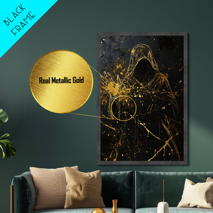 Hooded Sorcerer Metallic Gold Art, Spooky Gothic Metal Art, Haunted Season Wall Hanging Framed in Real Wood