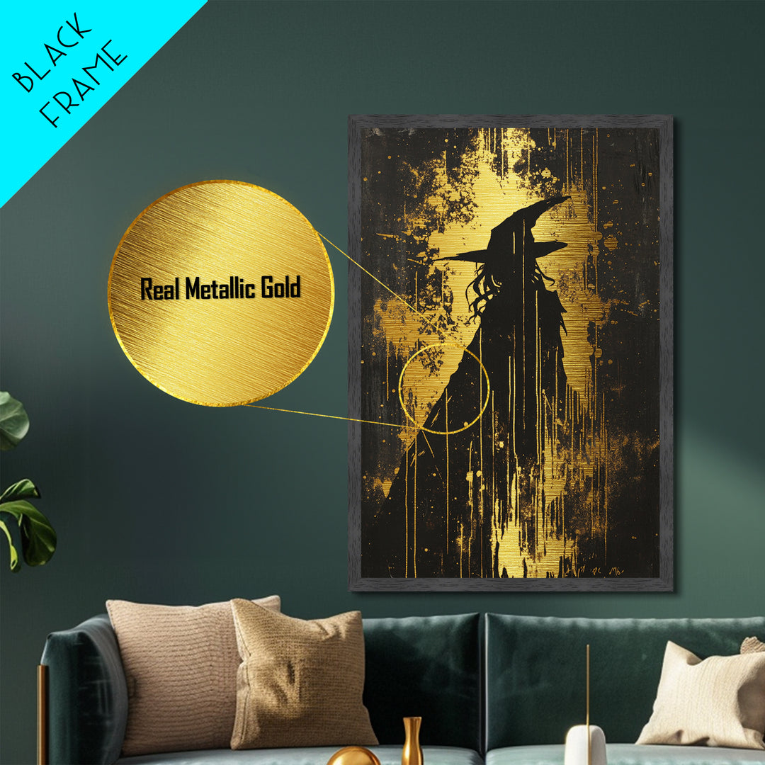Witch Silhouette With Dripping Paint | Gothic Haunted Halloween Metallic Gold Art | Striking Metal Art Framed In Real Wood