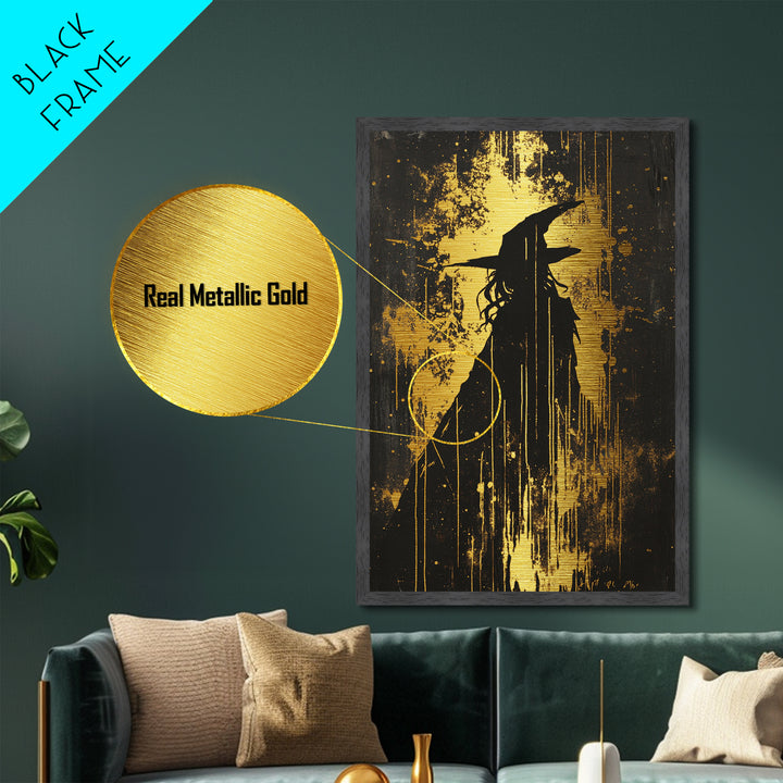 Witch Silhouette With Dripping Paint | Gothic Haunted Halloween Metallic Gold Art | Striking Metal Art Framed In Real Wood