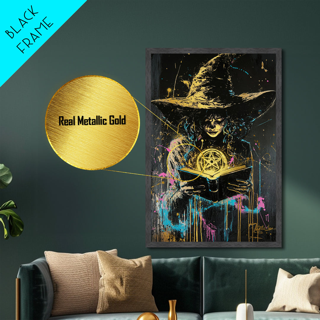 Witchy Spell Book Metallic Gold Art Metal Art | Spooky Halloween Wall Decor Framed In Real Wood For Gothic Home Style