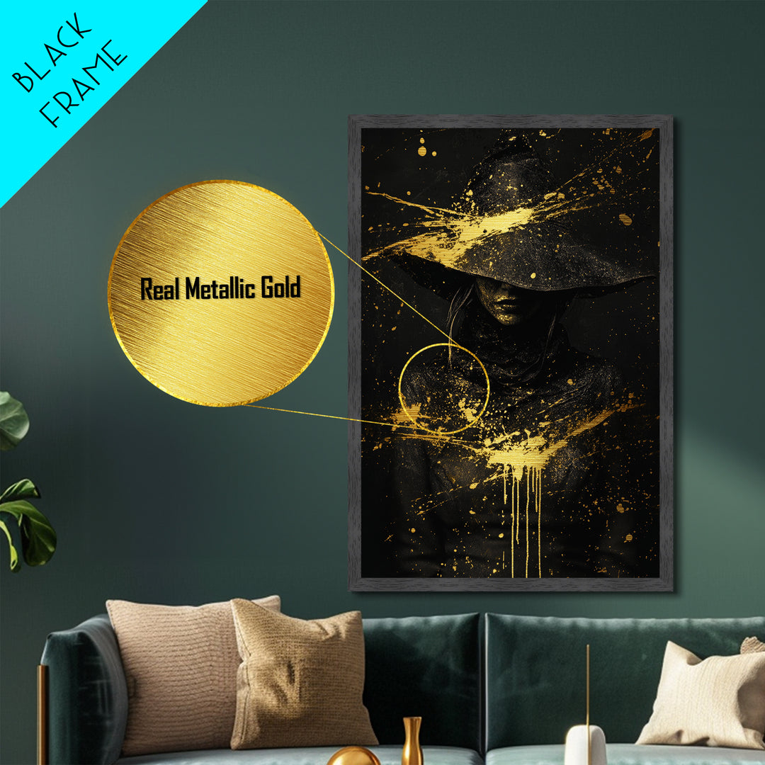 Haunted Witch Portrait Metal Art Metallic Gold Art | Creepy Halloween Wall Hanging With Natural Wood Frame