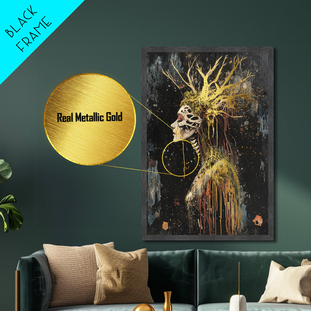 Skeleton Forest Queen Metallic Gold Art Metal Art | Gothic Halloween Decor With Real Wood Framing For Spooky Season