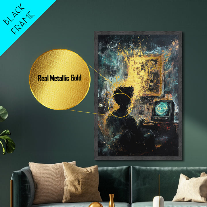 Haunted Screen Glow Metallic Gold Art Metal Art | Spooky Season Wall Hanging In Real Wood Frame For Halloween Home
