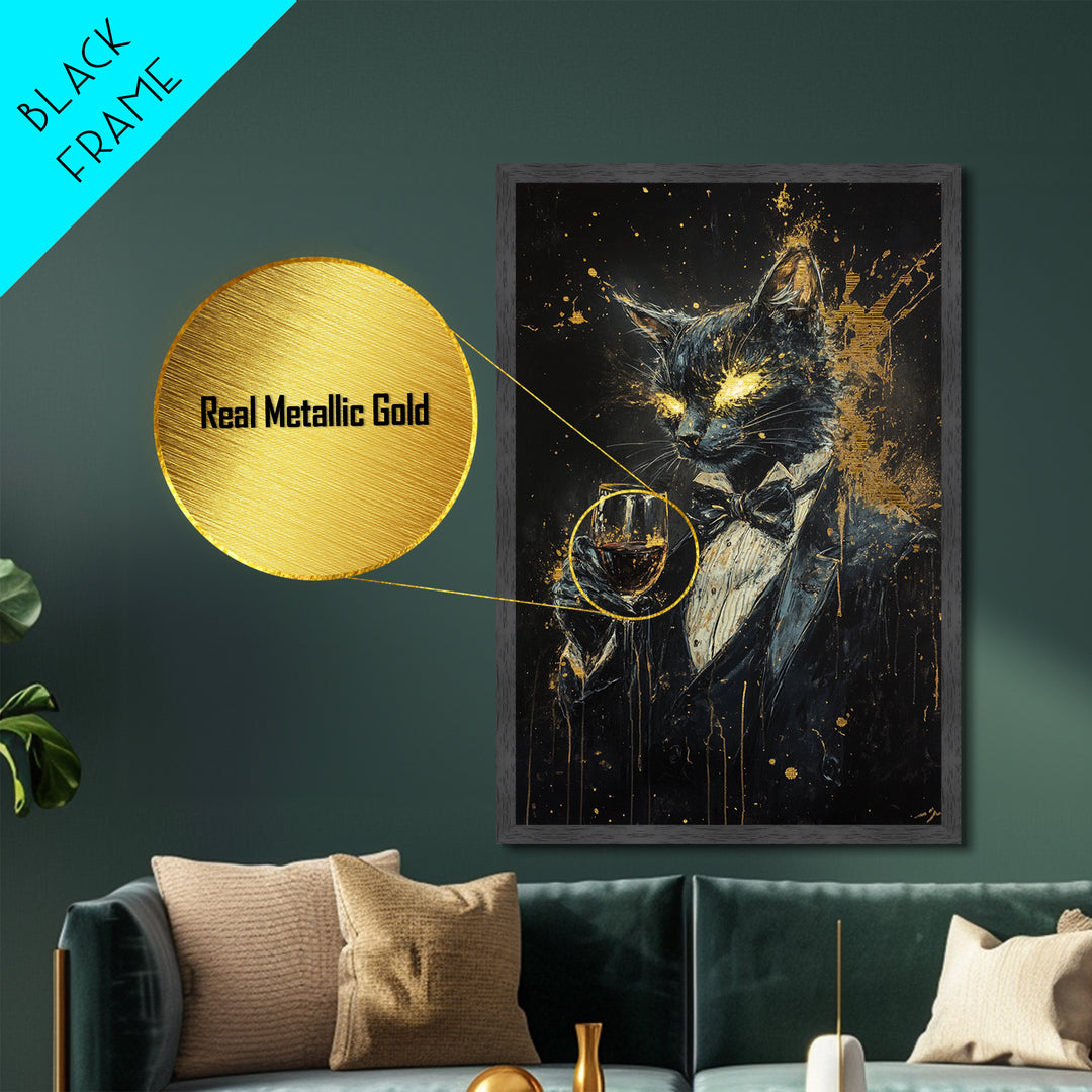 Black Cat Gentleman Metallic Gold Art, Spooky Gothic Metal Art Halloween Wall Decor, Horror Painting with Wooden Frame