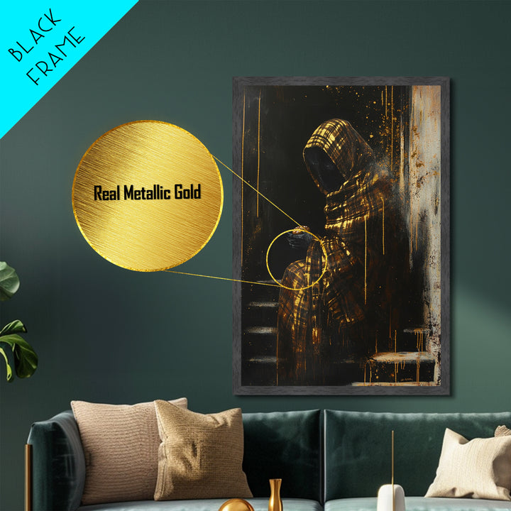 Haunted Hooded Figure Metallic Gold Art, Gothic Horror Metal Art with Pumpkin Bun, Framed in Real Wood for Spooky Halloween Decor