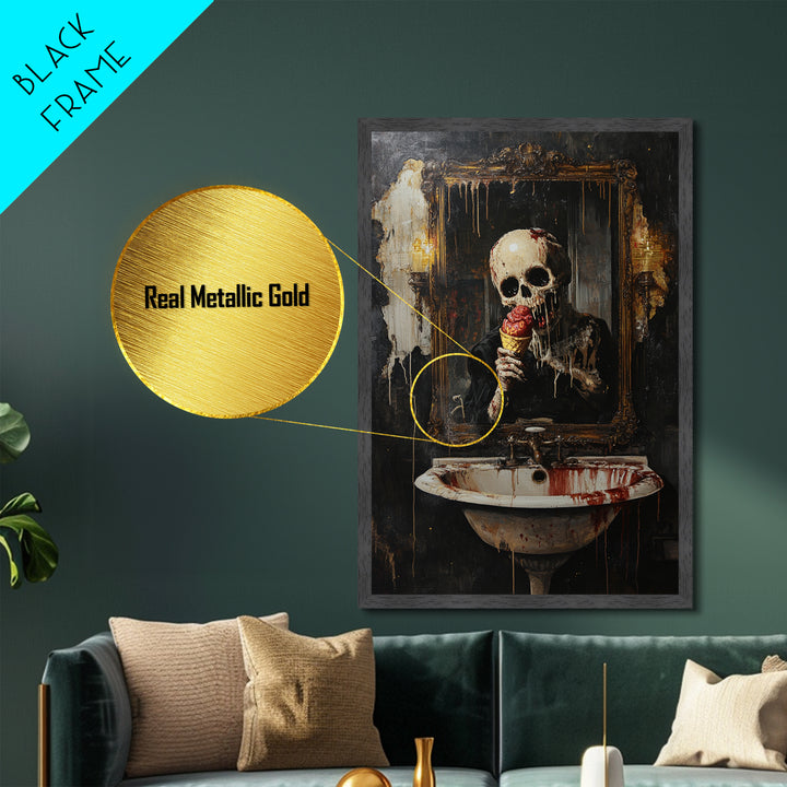 Skeleton Eating Ice Cream Metallic Gold Art, Creepy Gothic Metal Art Wall Hanging, Halloween Horror Artwork in Real Wood Frame