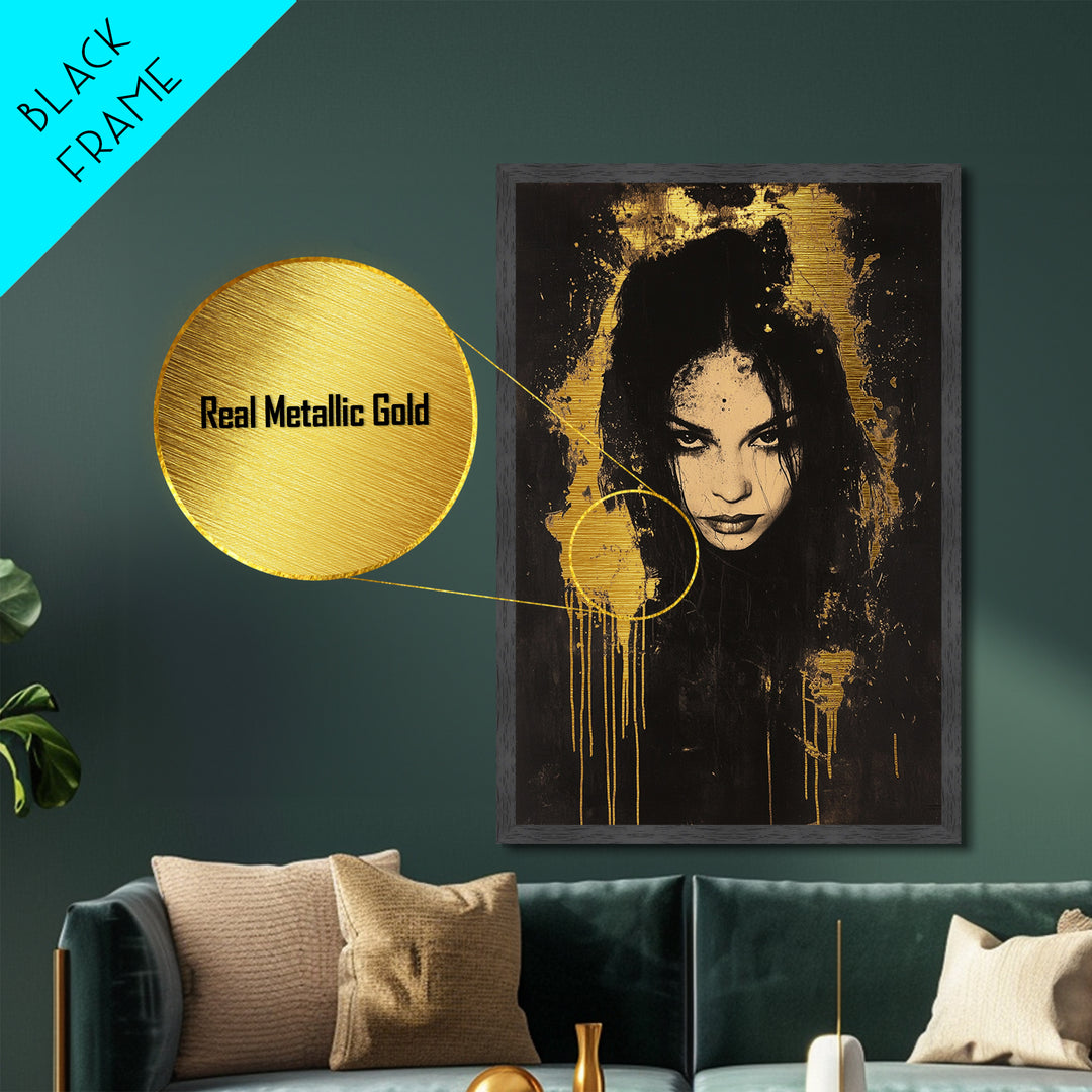 Haunted Woman’s Face Metallic Gold Art, Gothic Spooky Metal Art, Halloween Horror Wall Hanging in Real Wood Frame