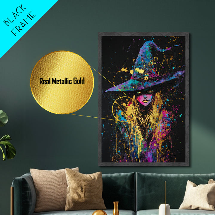 Rainbow Witch Graffiti Art, Metallic Gold Art, Metal Gold Print, Wood Framed Halloween Wall Art