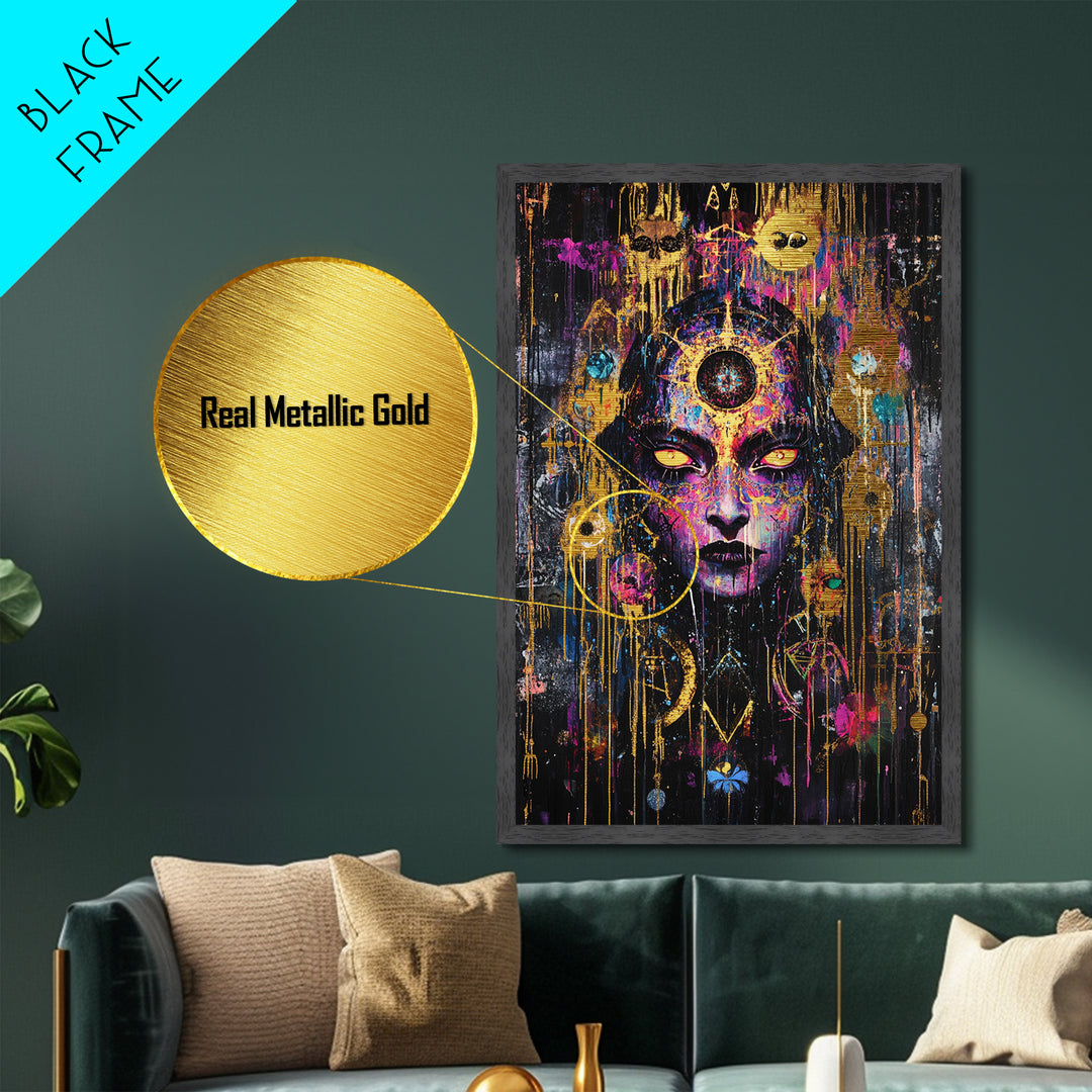 Occult Sorceress Metallic Gold Art, Creepy Psychedelic Face Wall Decor Metal Art, Witchy Halloween Design With Real Wood Frame