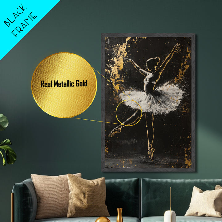 Ballerina Of Shadows Metallic Gold Art, Haunted Ballet Metal Art, Gothic Halloween Dance Wall Decor In Real Wood Frame