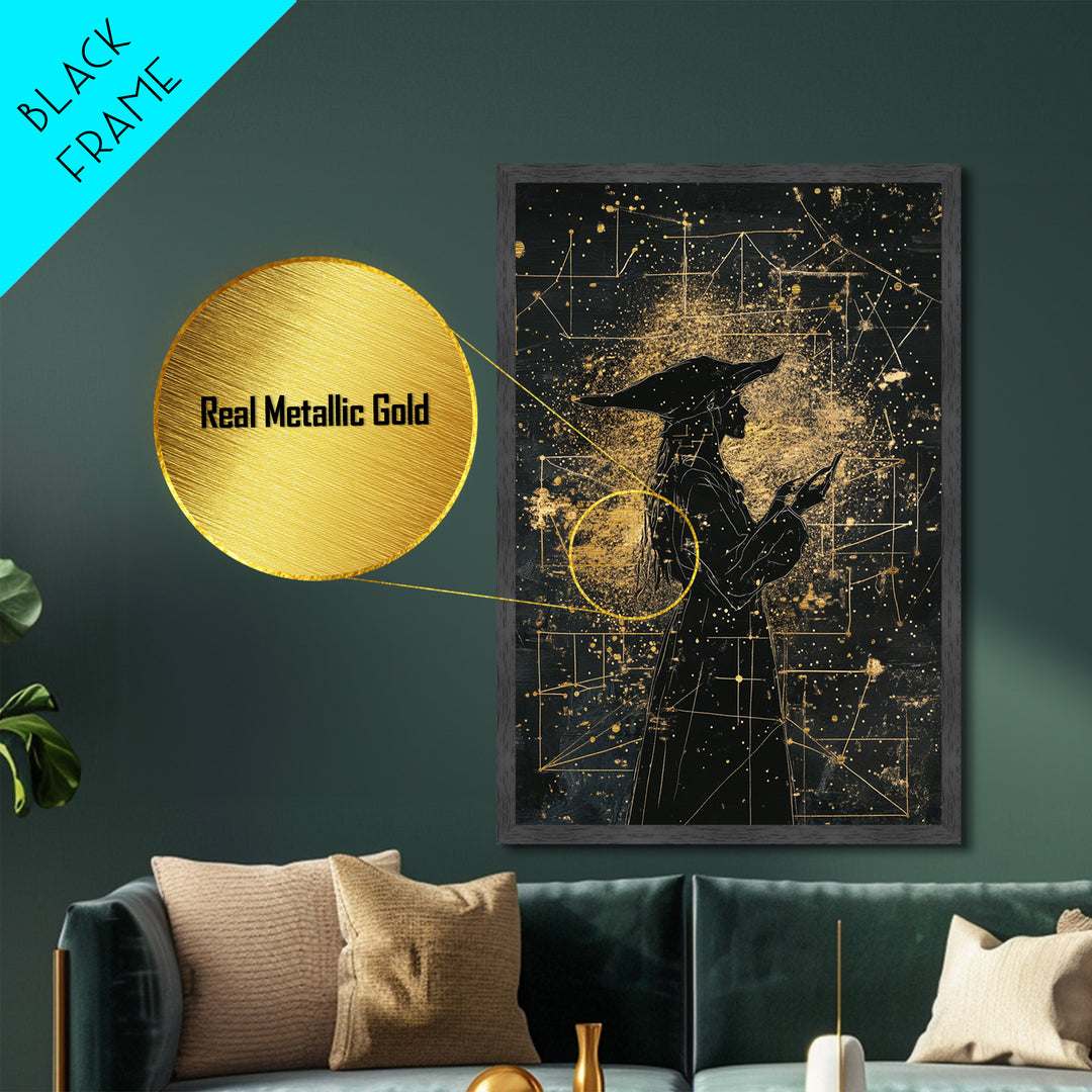Celestial Witch Metallic Gold Art, Haunted Astrology Wall Decor Metal Art, Spooky Halloween Artwork Framed With Real Wood