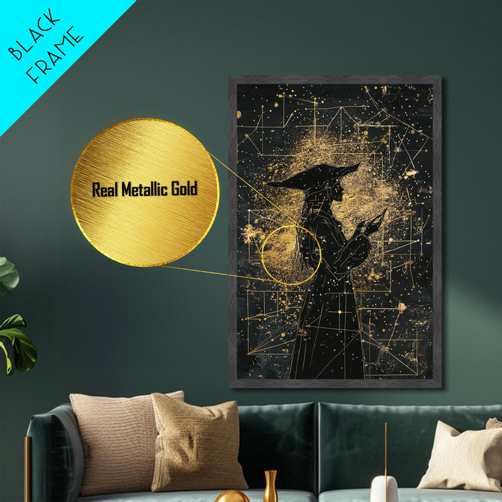 Celestial Witch Metallic Gold Art, Haunted Astrology Wall Decor Metal Art, Spooky Halloween Artwork Framed With Real Wood