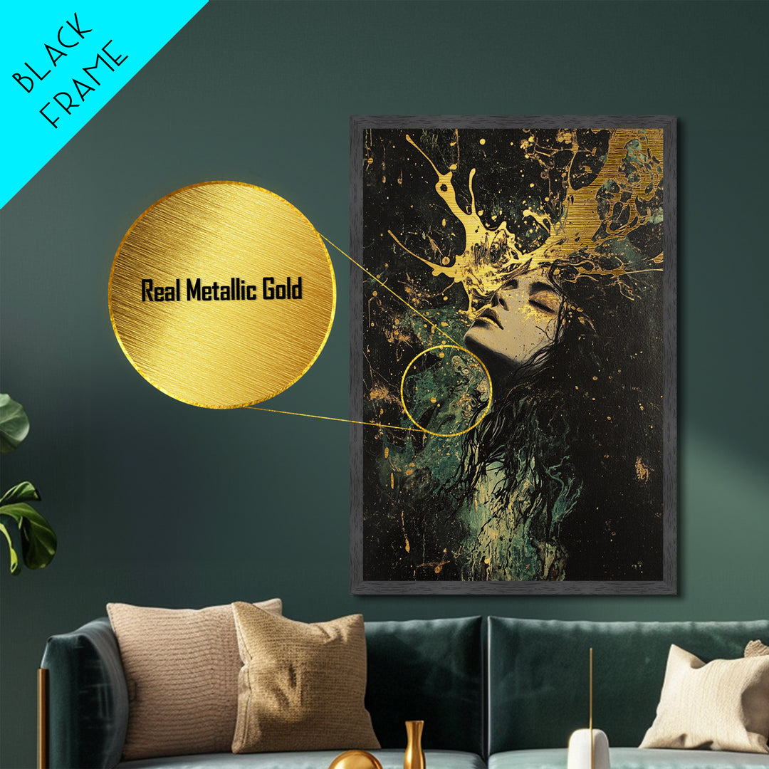 Floral Crown Witch Portrait Metallic Gold Art, Haunted Season Metal Art, Gothic Wall Painting with Natural Wood Frame