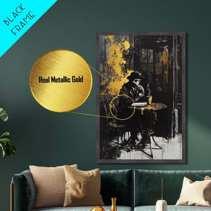Haunted Café Skeleton Metallic Gold Art, Creepy Gothic Coffee Scene Metal Art, Halloween Wall Decor With Real Wood Frame