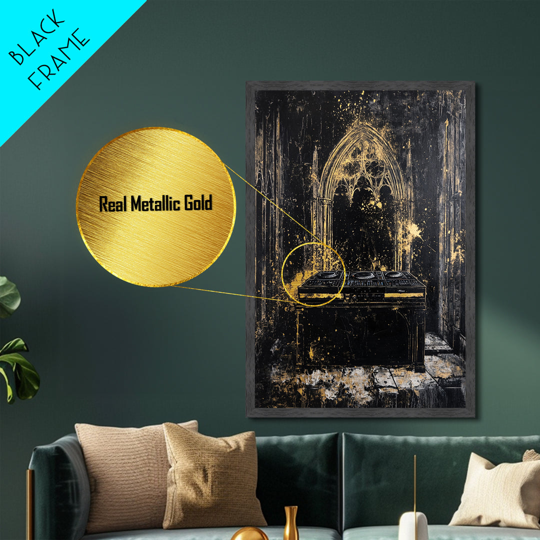 Cathedral DJ Metallic Gold Art, Gothic Haunted Music Scene Metal Art, Spooky Halloween Wall Decor Framed In Real Wood