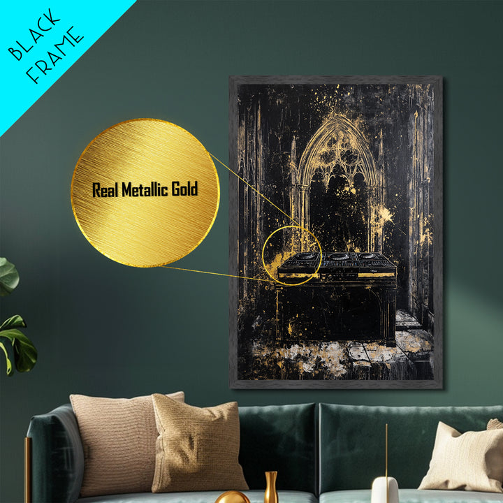 Cathedral DJ Metallic Gold Art, Gothic Haunted Music Scene Metal Art, Spooky Halloween Wall Decor Framed In Real Wood