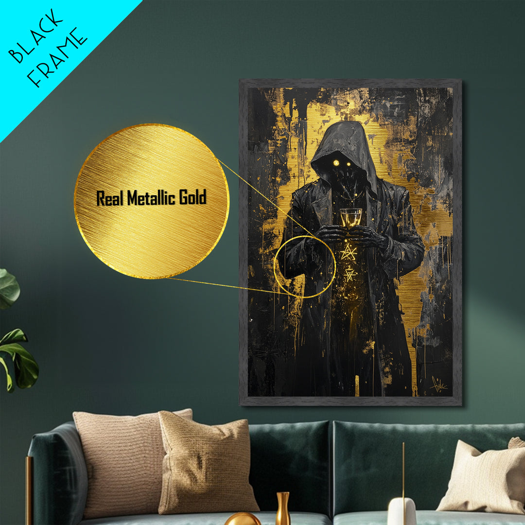 Dark Hooded Figure Metallic Gold Art, Spooky Gothic Horror Portrait Metal Art, Halloween Wall Decor In Real Wood Frame
