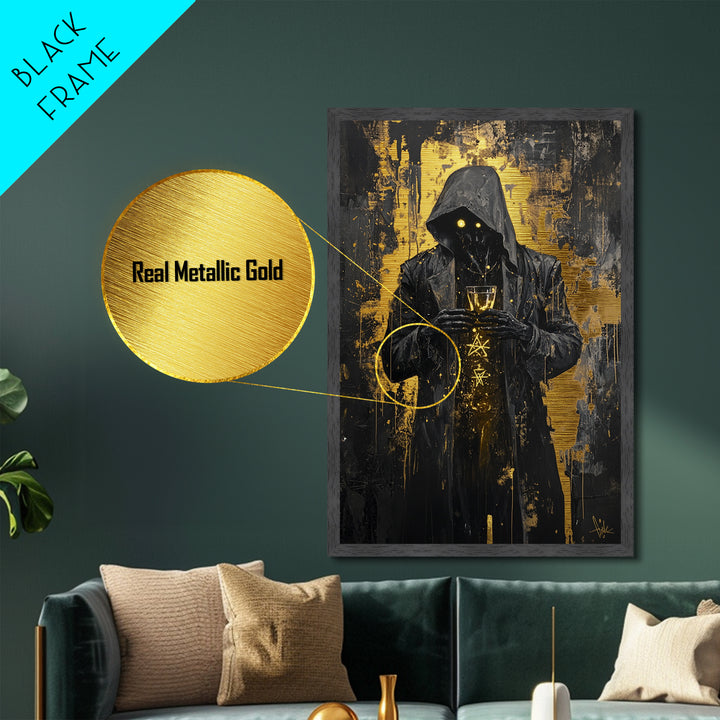 Dark Hooded Figure Metallic Gold Art, Spooky Gothic Horror Portrait Metal Art, Halloween Wall Decor In Real Wood Frame