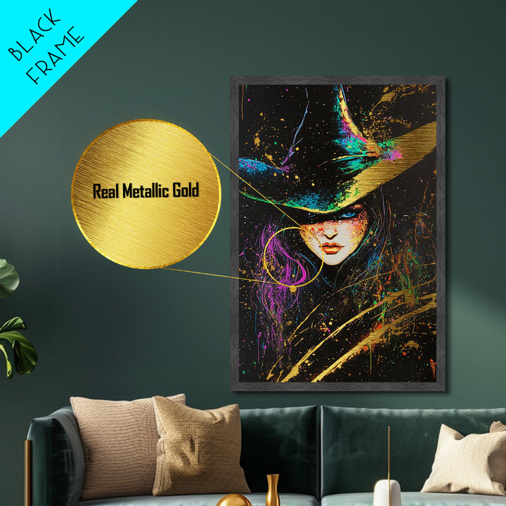 Witchy Woman Halloween Portrait Metallic Gold Art Metal Art With Gothic Spooky Style Framed In Natural Real Wood