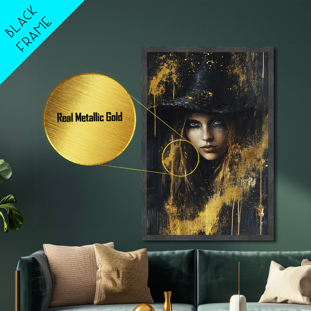 Haunted Golden Witch Metallic Gold Art Metal Art For Halloween Gothic Home Decor With Real Wood Frame