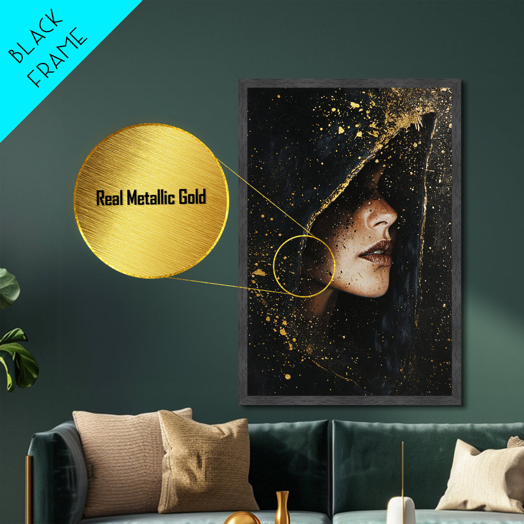 Spooky Hooded Sorceress Side Profile Metallic Gold Art Metal Art Gothic Halloween Artwork In A Real Wood Frame