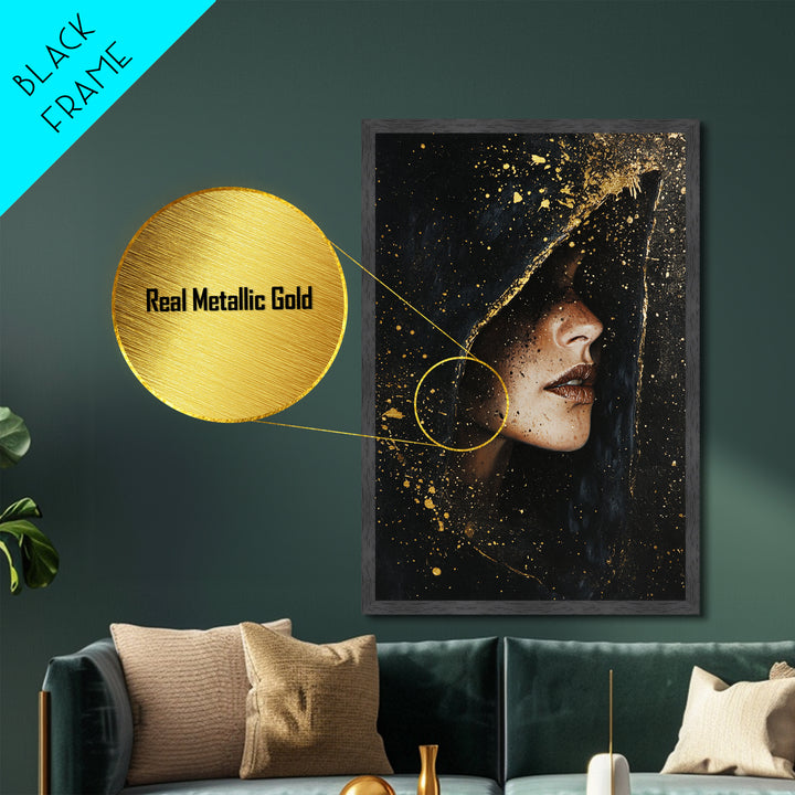 Spooky Hooded Sorceress Side Profile Metallic Gold Art Metal Art Gothic Halloween Artwork In A Real Wood Frame