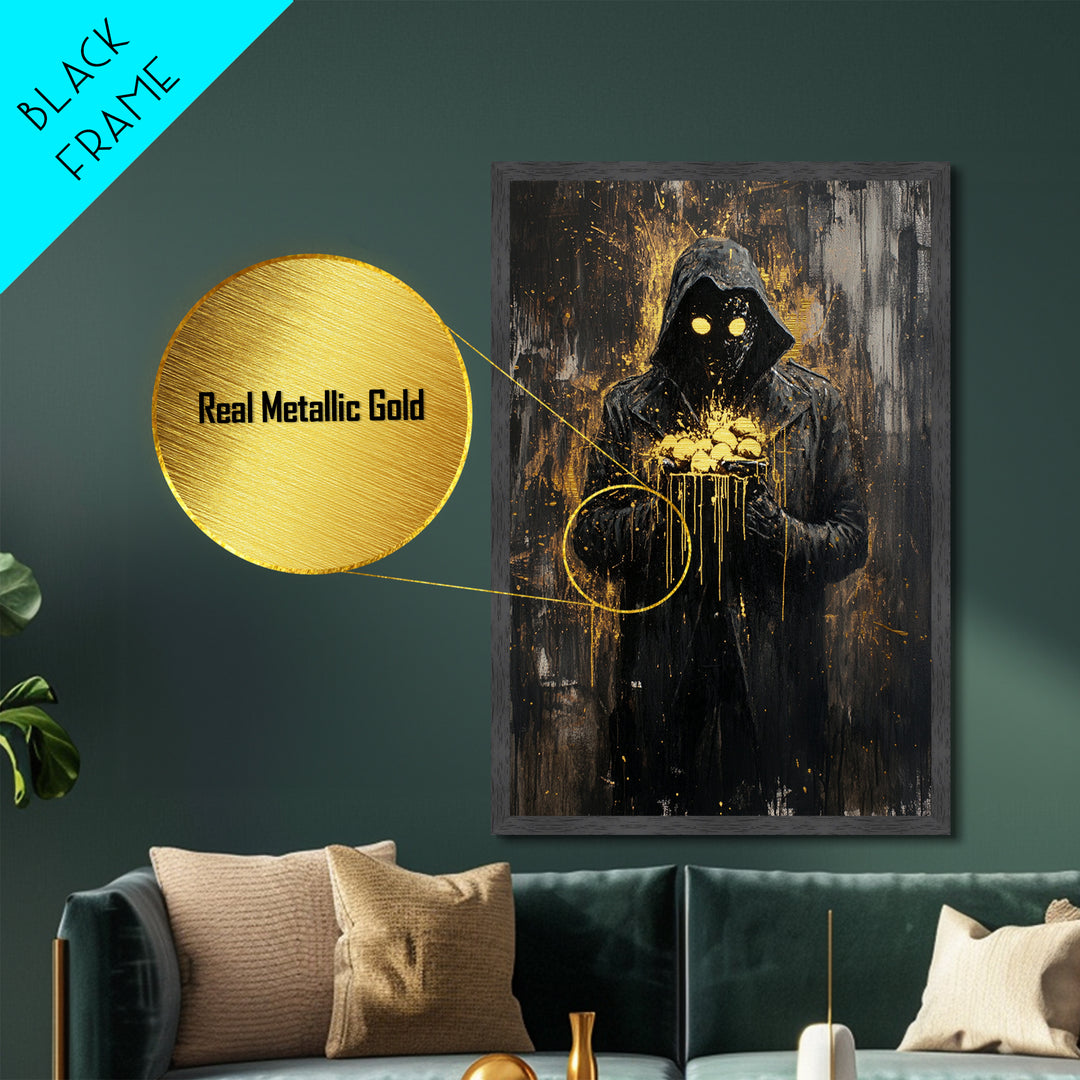 Creepy Hooded Figure Holding Eggs Metallic Gold Art Metal Art Haunted Spooky Season Wall Decor With Natural Wood Frame