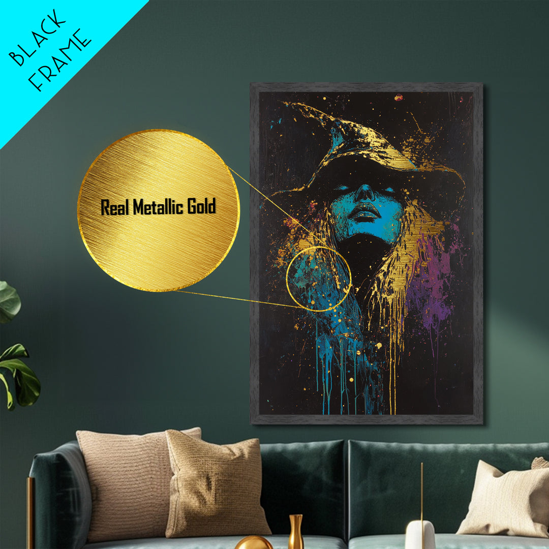 Witch Hat Gothic Glow Metallic Gold Art Metal Art Spooky Halloween Abstract Drip Painting Framed In Real Wood