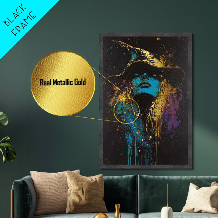 Witch Hat Gothic Glow Metallic Gold Art Metal Art Spooky Halloween Abstract Drip Painting Framed In Real Wood