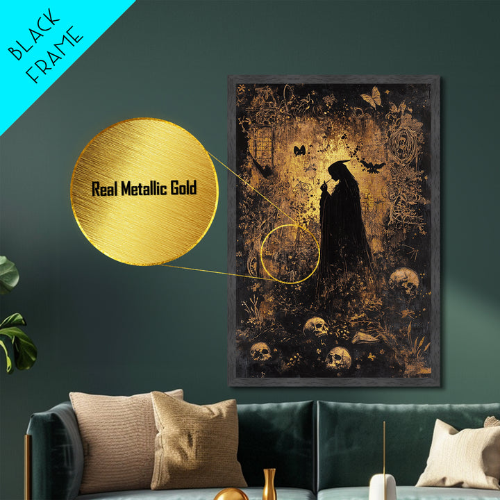 Dark Forest Sorceress Surrounded By Skulls Metallic Gold Art Metal Art Haunted Gothic Style With Real Wood Frame