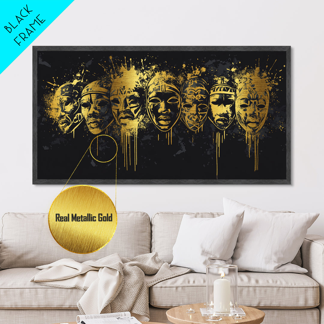 Intricate Regal Mask Metallic Gold Art, Ornate Splatter Metal Print, Real Wood Frame Wall Décor, Dramatic Statement Artwork