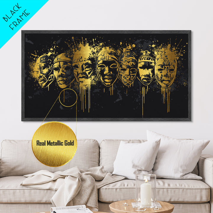 Intricate Regal Mask Metallic Gold Art, Ornate Splatter Metal Print, Real Wood Frame Wall Décor, Dramatic Statement Artwork