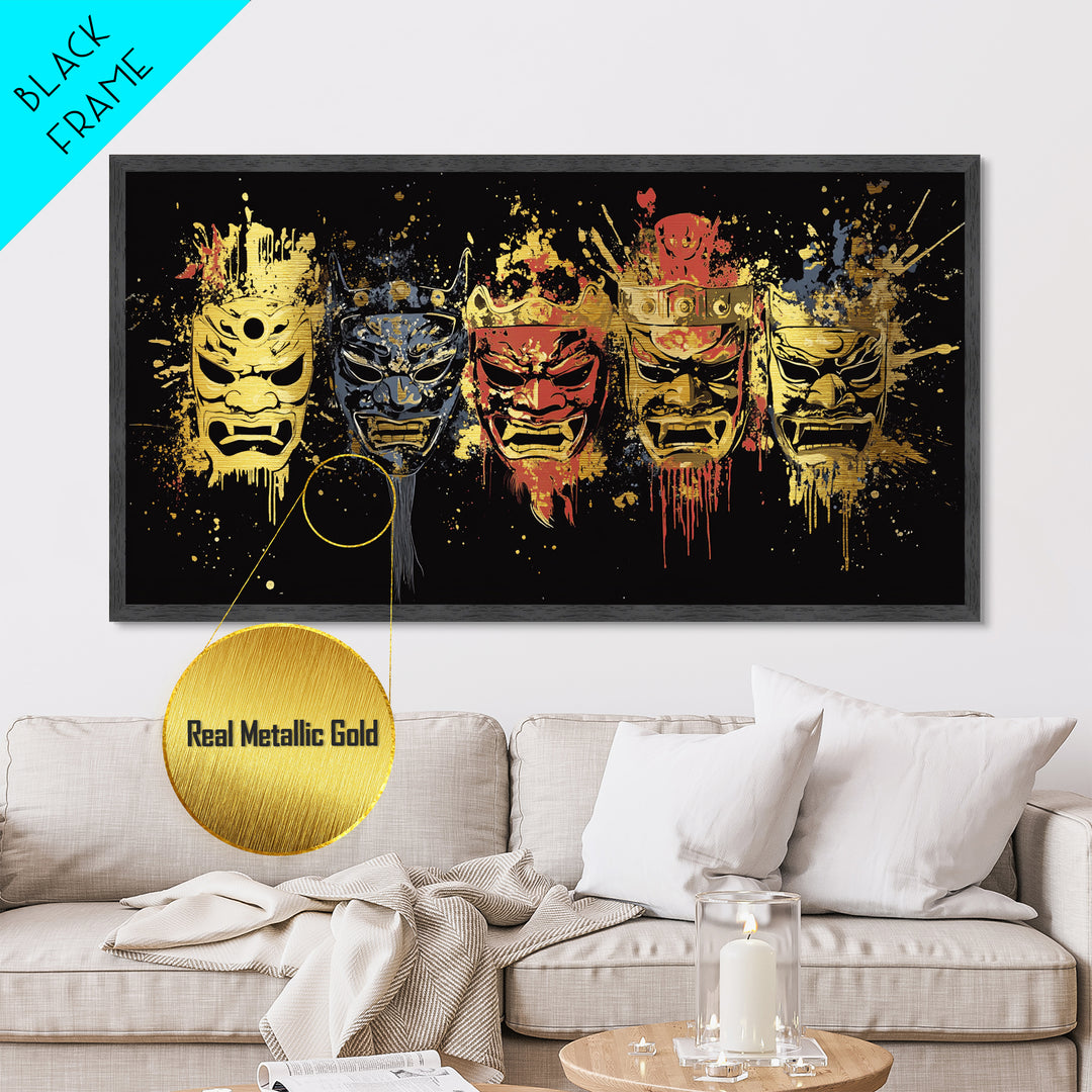 Tribal Mask Metallic Gold Art, Primitive Splatter Metal Print, Real Wood Frame Wall Décor, Ethnic Gothic Statement Artwork