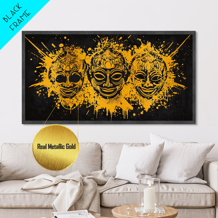 Ancient Warrior Mask Metallic Gold Art, Tribal Splatter Metal Print, Real Wood Frame Wall Décor, Bold Dramatic Statement Art