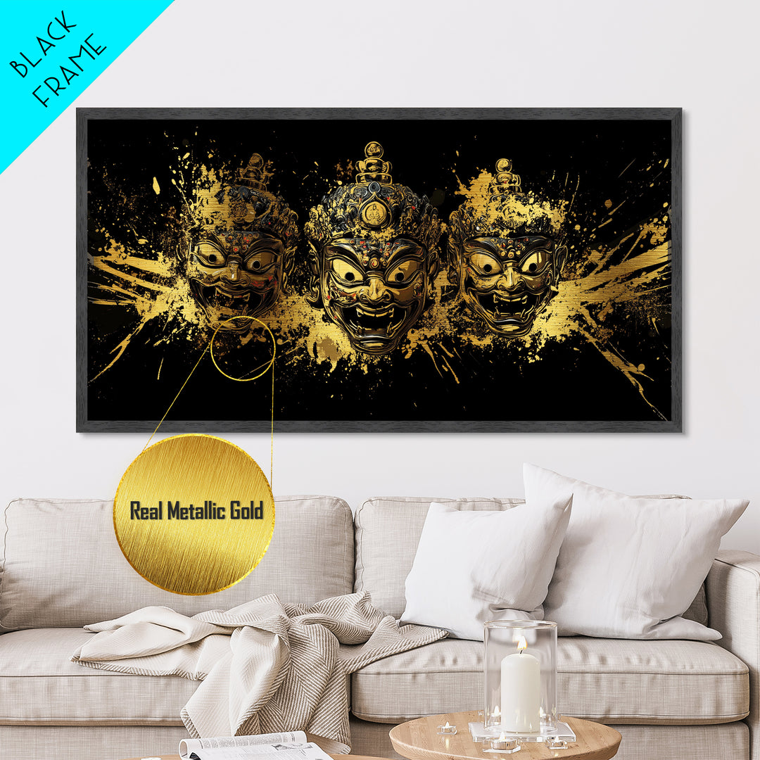 Theatrical Mask Metallic Gold Metal Print, Gothic Splatter Art On Metal, Real Wood Frame Wall Décor, Dark Drama Statement Art