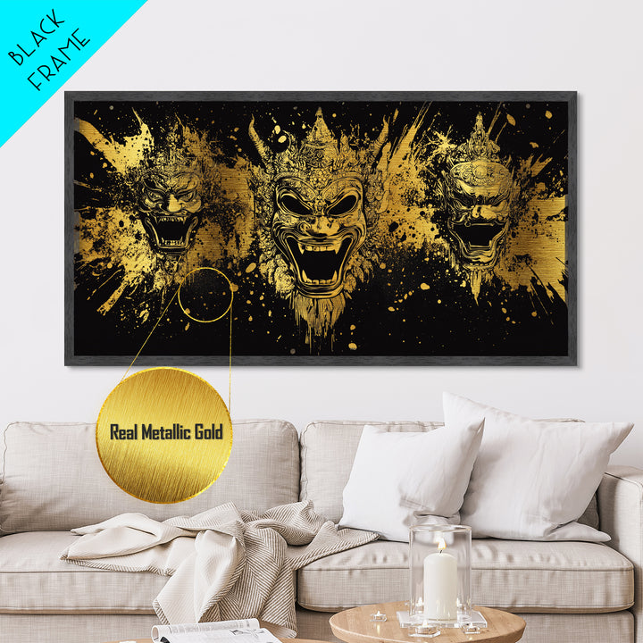 Royal Mask Metallic Gold Art, Splatter Metal Print With Ornate Details, Real Wood Frame Wall Décor, Dramatic Theater Artwork