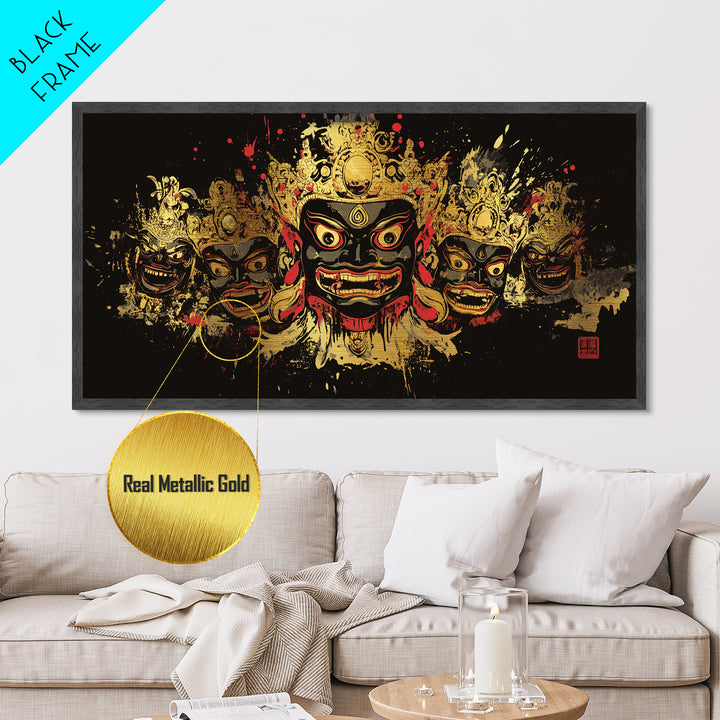 African Tribal Mask Metallic Gold Art, Ethnic Splatter Metal Print, Real Wood Frame Wall Décor, Cultural Bold Statement Artwork