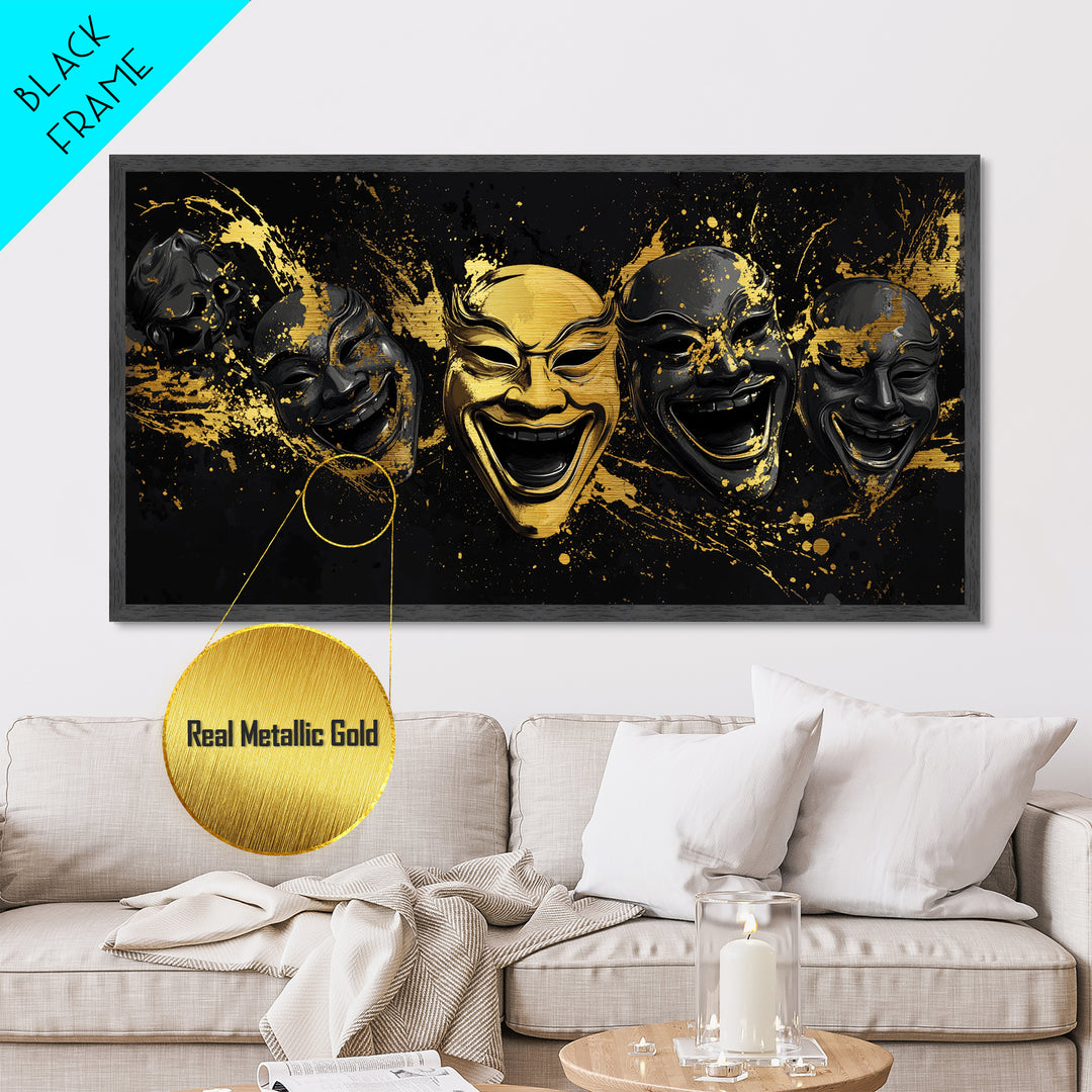 Fierce Demon Mask Metallic Gold Metal Print, Splatter Abstract Mask Art On Metal, Real Wood Frame Wall Décor, Bold Gothic Artwork