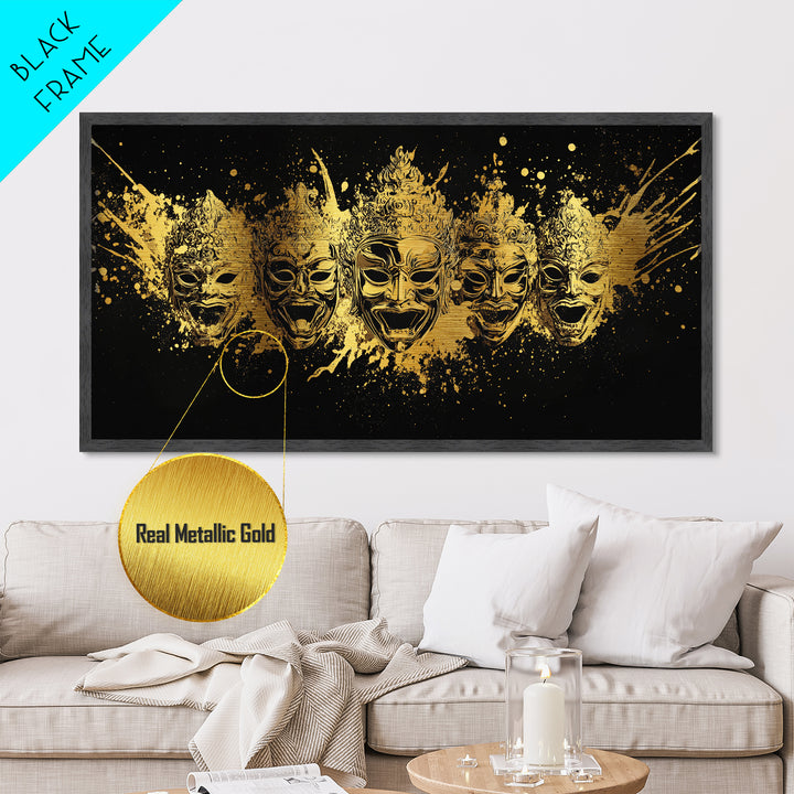 Warrior Mask Set Metallic Gold Art, Splatter Tribal Mask Metal Print, Real Wood Frame Wall Décor, Dramatic Cultural Statement Art